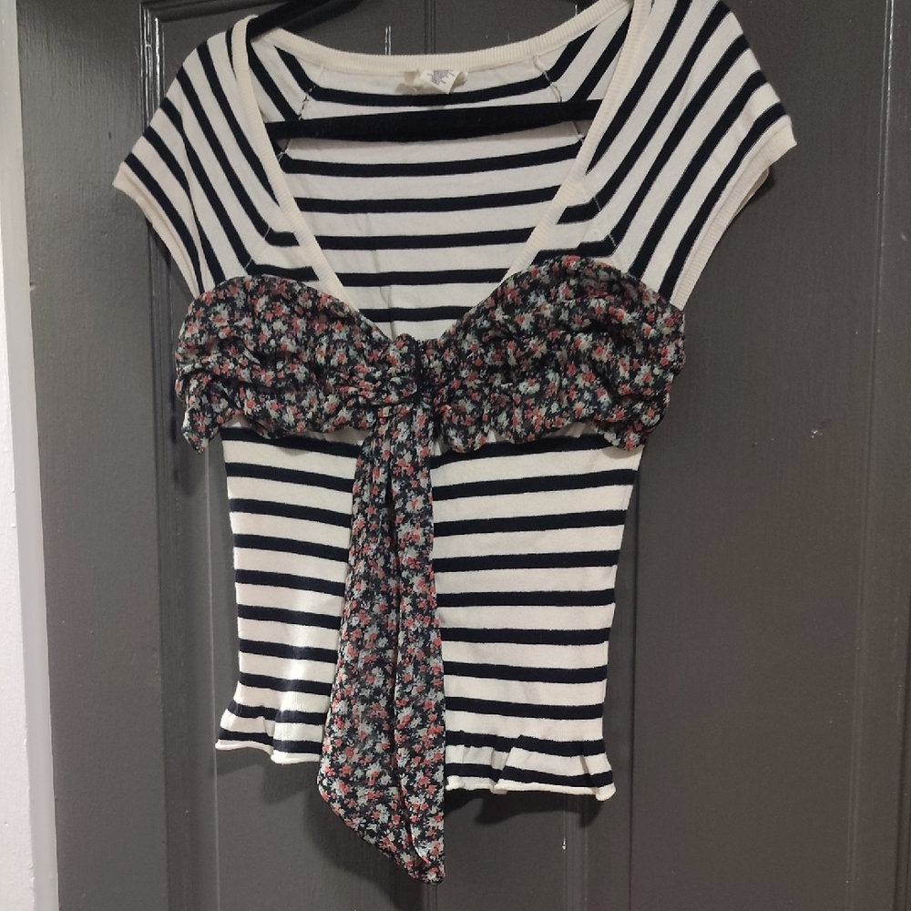 Moth Black & White Striped Crop Top with Floral Tie Detail